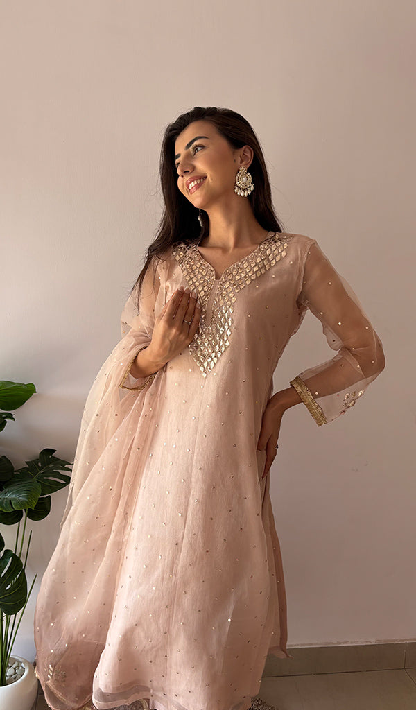 Alfia Women's Lucknowi Handcrafted Pure Organza Silk Stitched Chikankari Kurta, Dupatta With Pant Set- HONC0362256