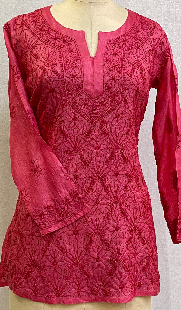 Women's Lakhnavi Handcrafted Silk Chikankari Top - HONC0176258