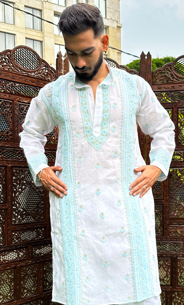 Men's Lucknowi Handcrafted Cotton Chikankari Kurta - HONC0303105