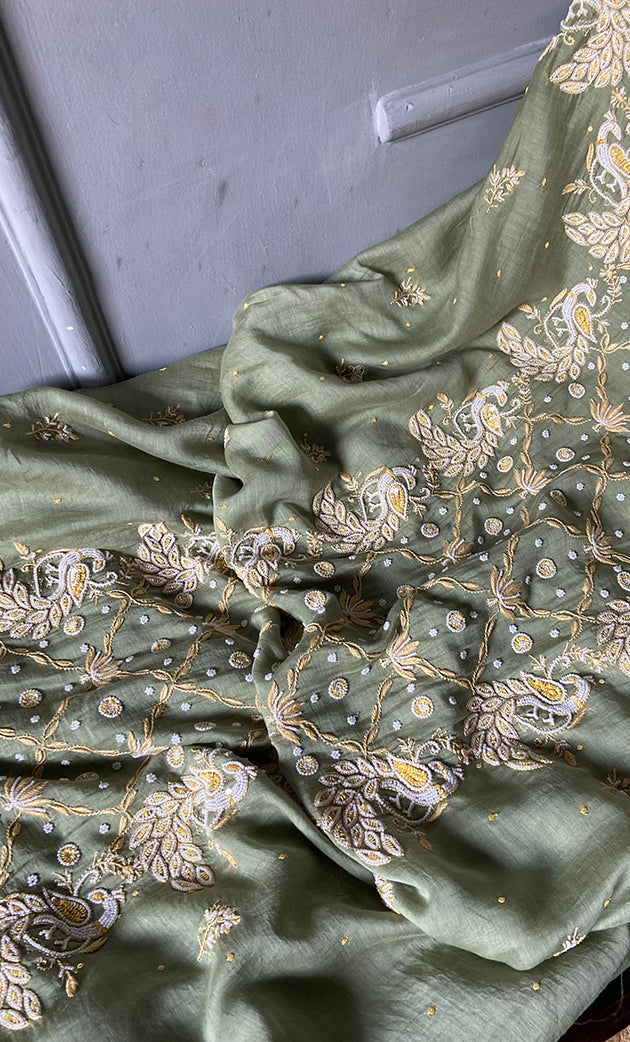 Women's Lakhnavi Handcrafted Mul Chanderi Unstitched Kurta And Dupatta Set- HONC0312987