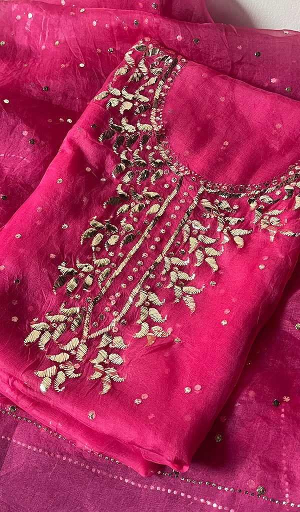 Marifa Women's Lakhnavi Handcrafted Pure Organza Chikankari Unstitched Kurta And Dupatta Set- HONC0255852