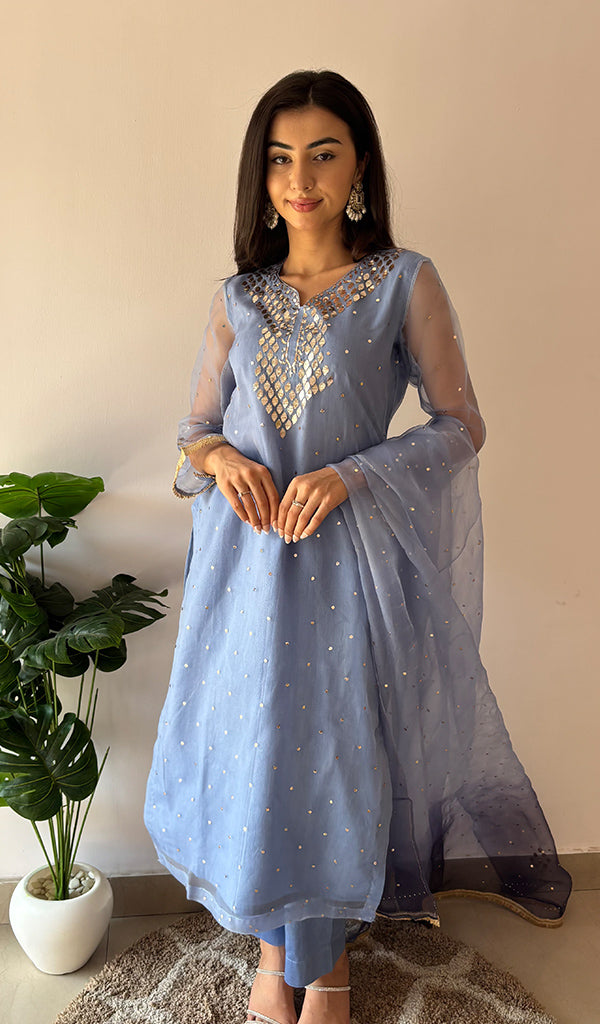 Alfia Women's Lucknowi Handcrafted Pure Organza Silk Stitched Chikankari Kurta, Dupatta With Pant Set- HONC0366950