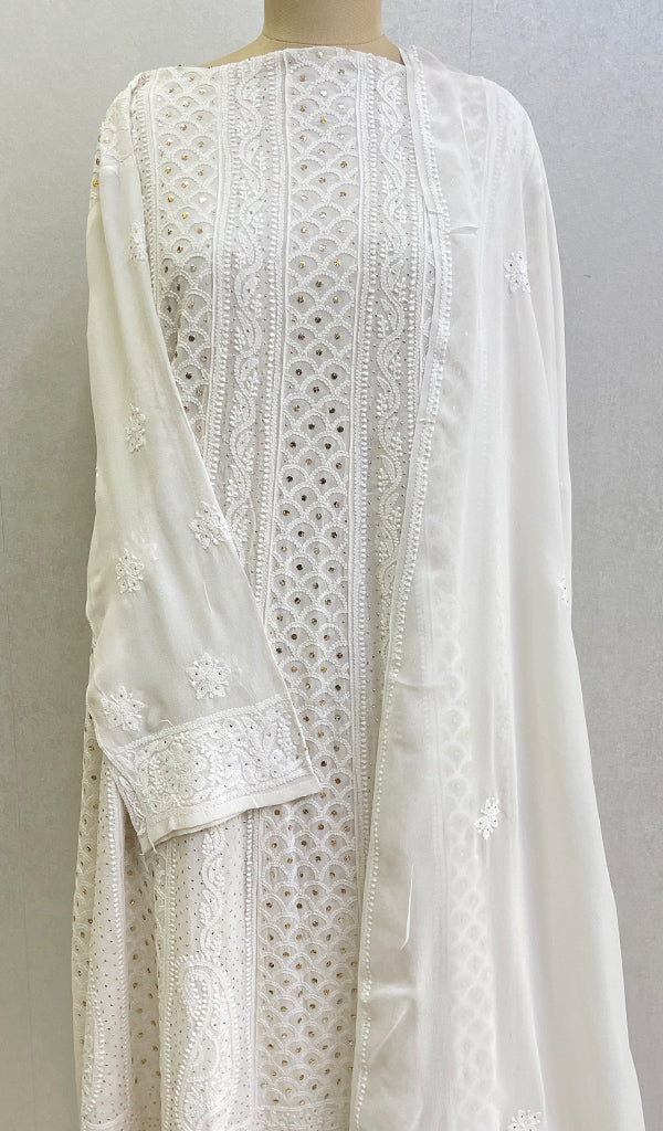 Women's Lucknowi Handcrafted Pure Silk Georgette Chikankari Anarkali Dupatta Set- Honc0116665