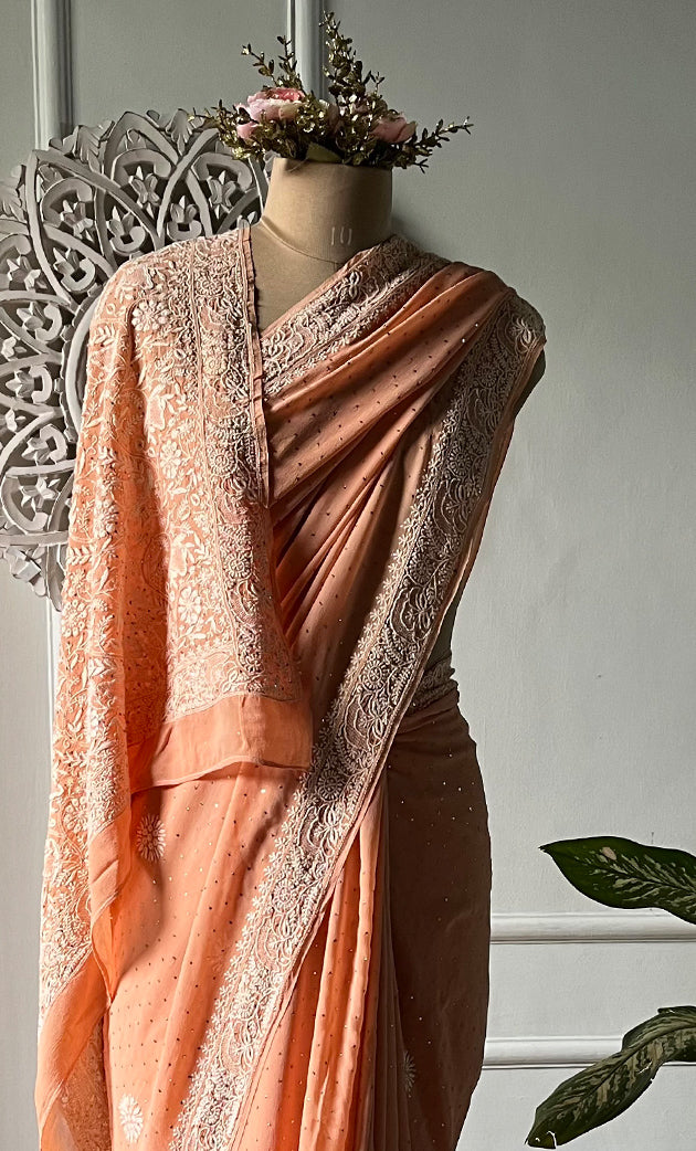 Women's Lakhnavi Handcrafted Pure Silk Georgette Chikankari Saree - HONC0313294