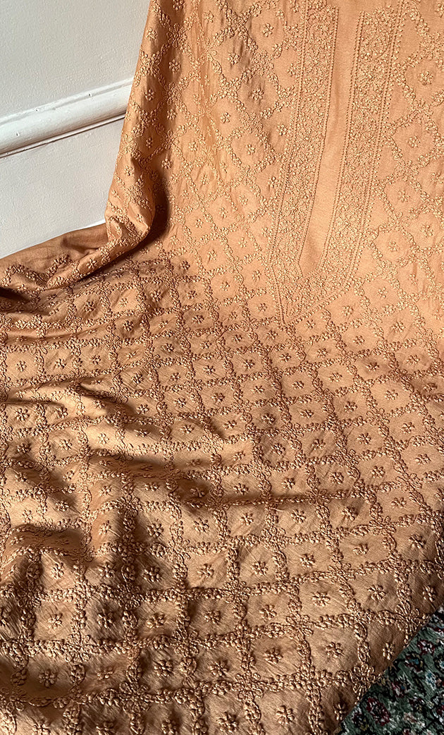 Lucknowi Handcrafted Chanderi Silk Mens Chikankari Unstitched Kurta Fabric- HONC0327449