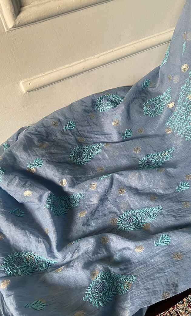 Women's Lakhnavi Handcrafted Mul Chanderi Unstitched Chikankari Full Suit Material - HONC0316858