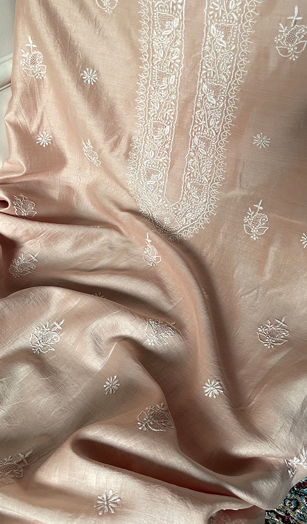 Women's Lucknowi Handcrafted Chanderi Silk Unstitched Chikankari Kurta and Dupatta Set- HONC0288649