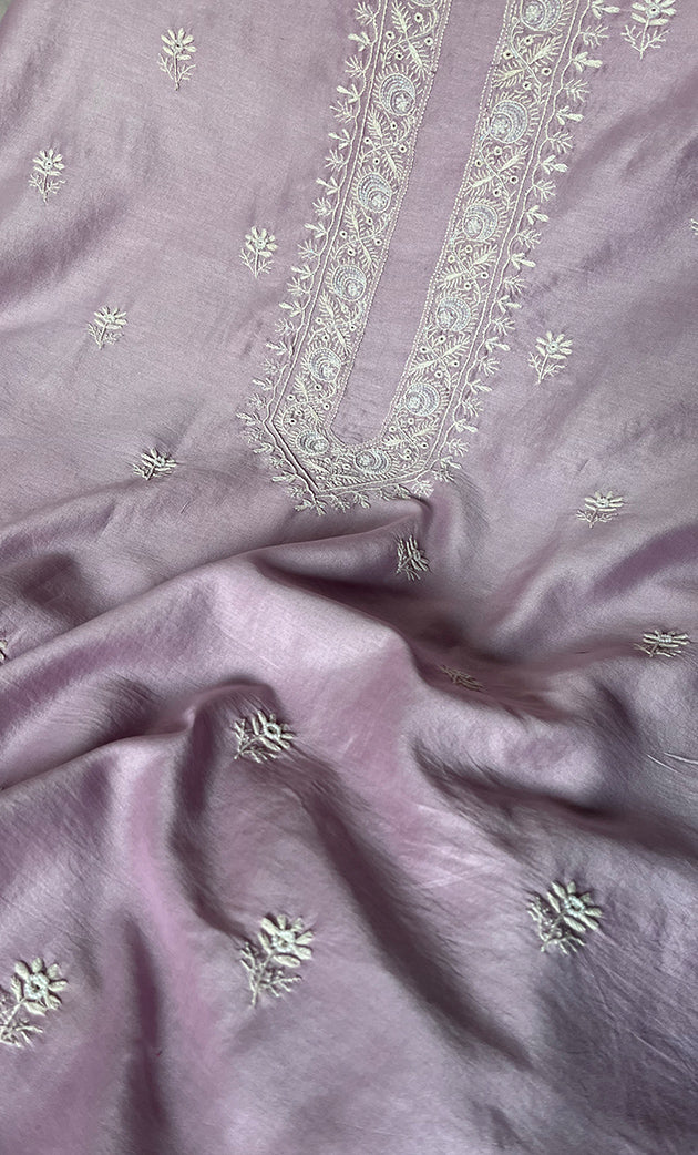 Lucknowi Handcrafted Chanderi Silk Unstitched Chikankari Unisex Kurta Fabric  -  HONC0330186