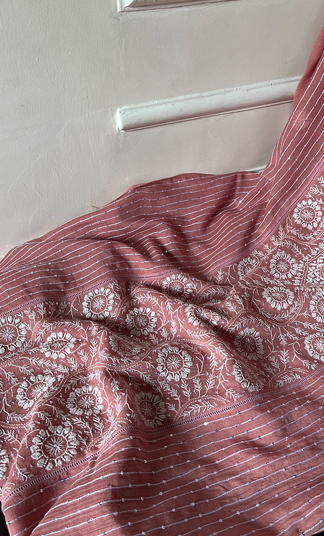 Women's Lakhnavi Handcrafted Mul Chanderi Chikankari Semi - Stitched Kurta Dupatta Set - HONC0301238
