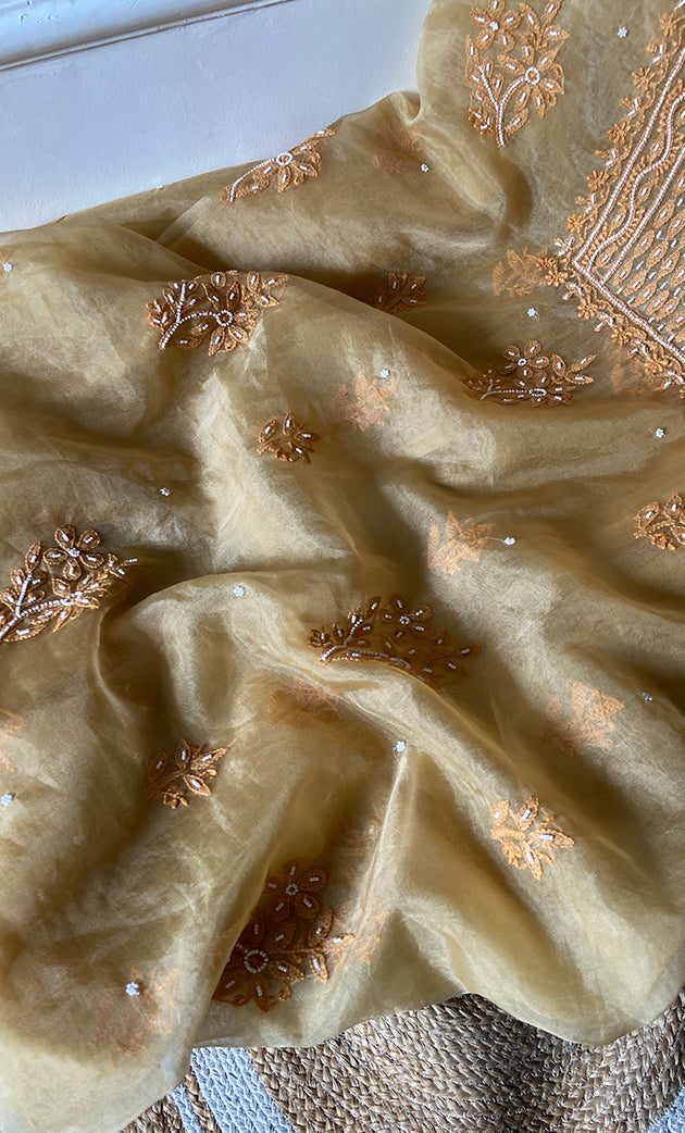Women's Lakhnavi Handcrafted Organza Chikankari Unstitched Full Suit Material - HONC0271204