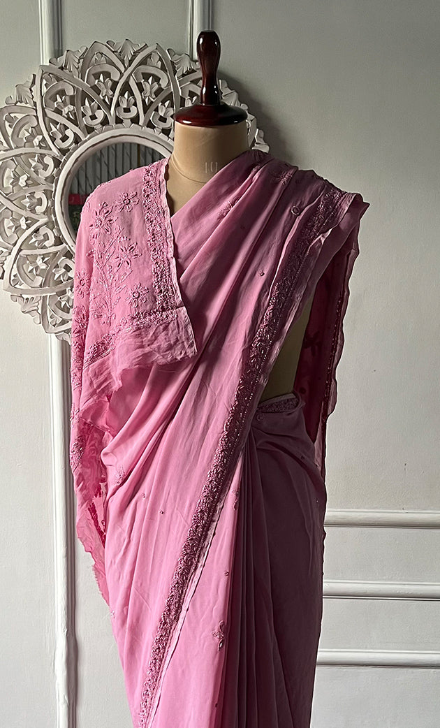 Women's Lakhnavi Handcrafted Viscose Georgette Chikankari Saree - HONC0333857