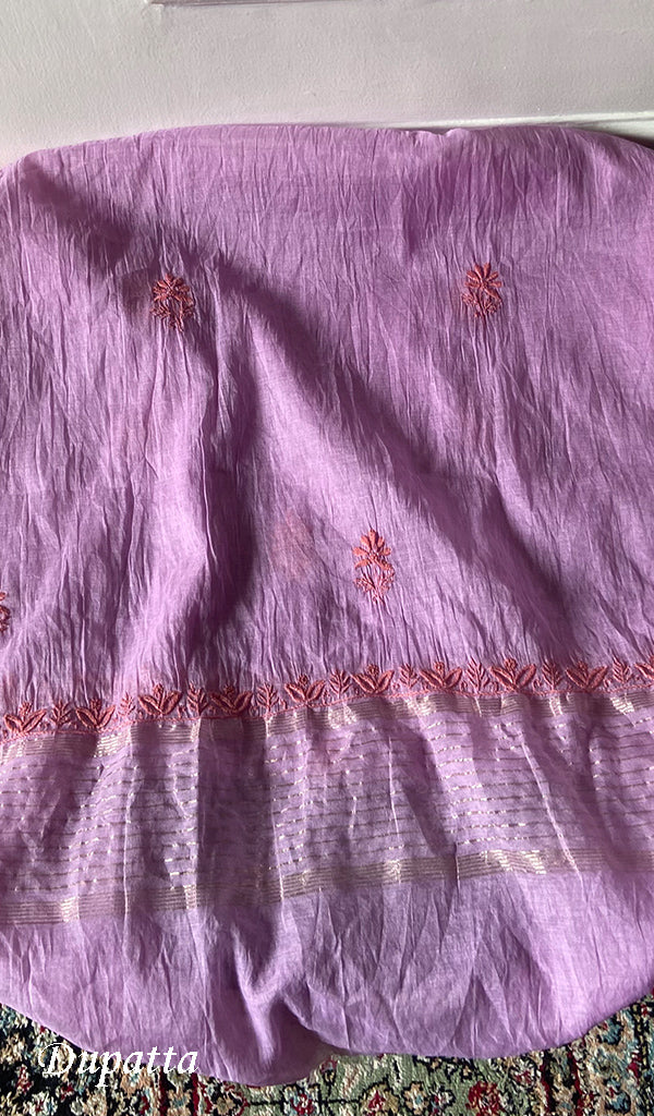 Women's Lucknowi Handcrafted Chanderi Silk Unstitched Chikankari Full Suit Material - HONC0342151