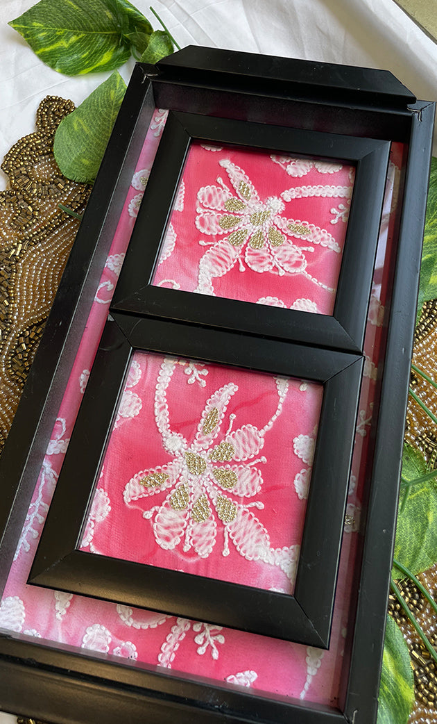 Handcrafted Chikankari Tray with Two Coasters – Wooden Frame - HONC0295559