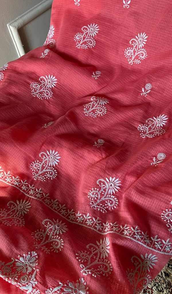 ‹› Women's Lucknowi Handcrafted Kota Cotton Chikankari Unstitched Kurta And Dupatta Set - HONC0340092