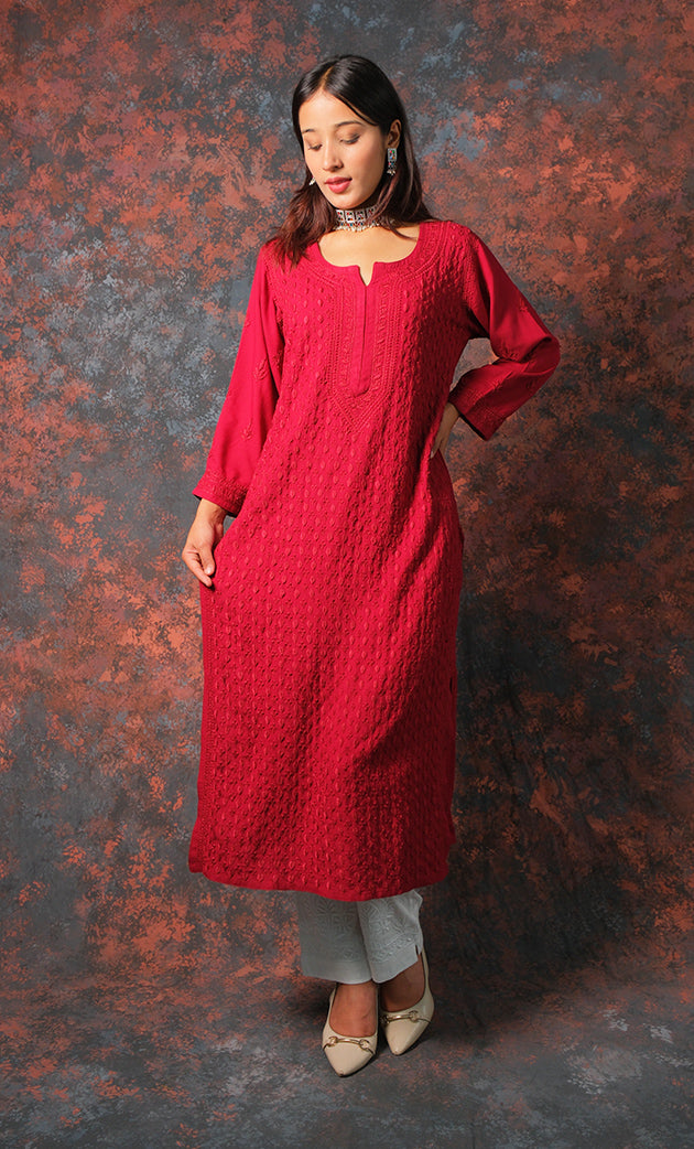 Women's Lucknowi Handcrafted Modal Cotton Chikankari Kurti - HONC0327126