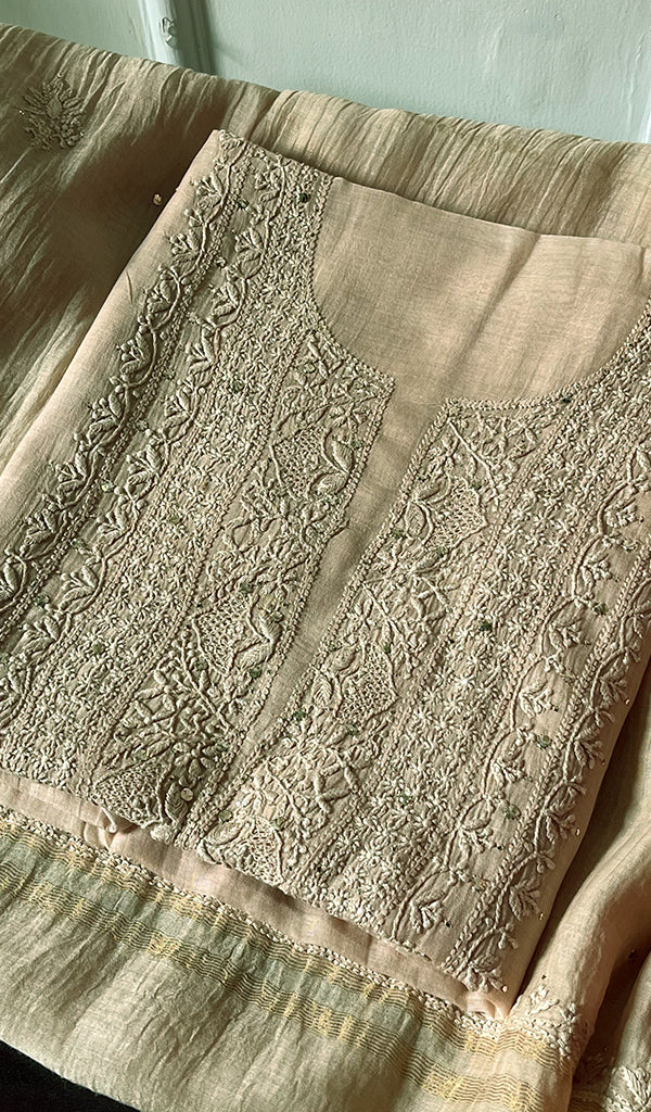 Women's Lakhnavi Handcrafted Mul Chanderi Chikankari Unstitched Kurta Dupatta Set - HONC0235823