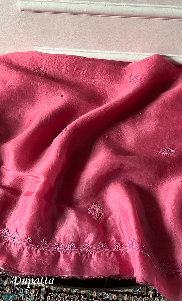 Women's Lakhnavi Handcrafted Pure Organza Chikankari Unstitched Kurta And Dupatta Set- HONC0327846