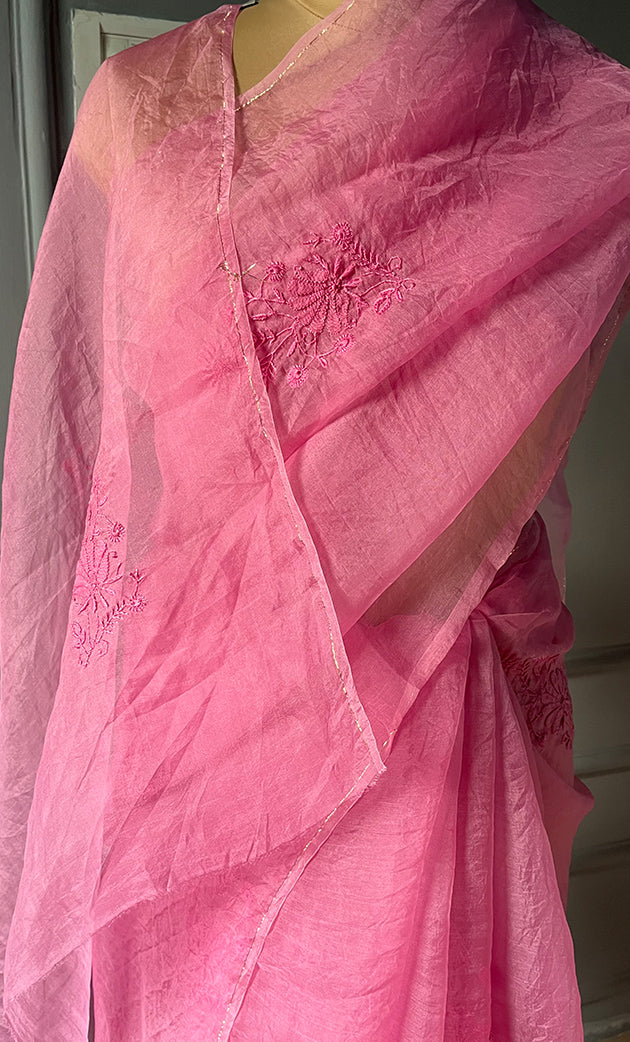 Women's Lucknowi Handcrafted Pure Organza Silk Chikankari Saree - HONC0273030