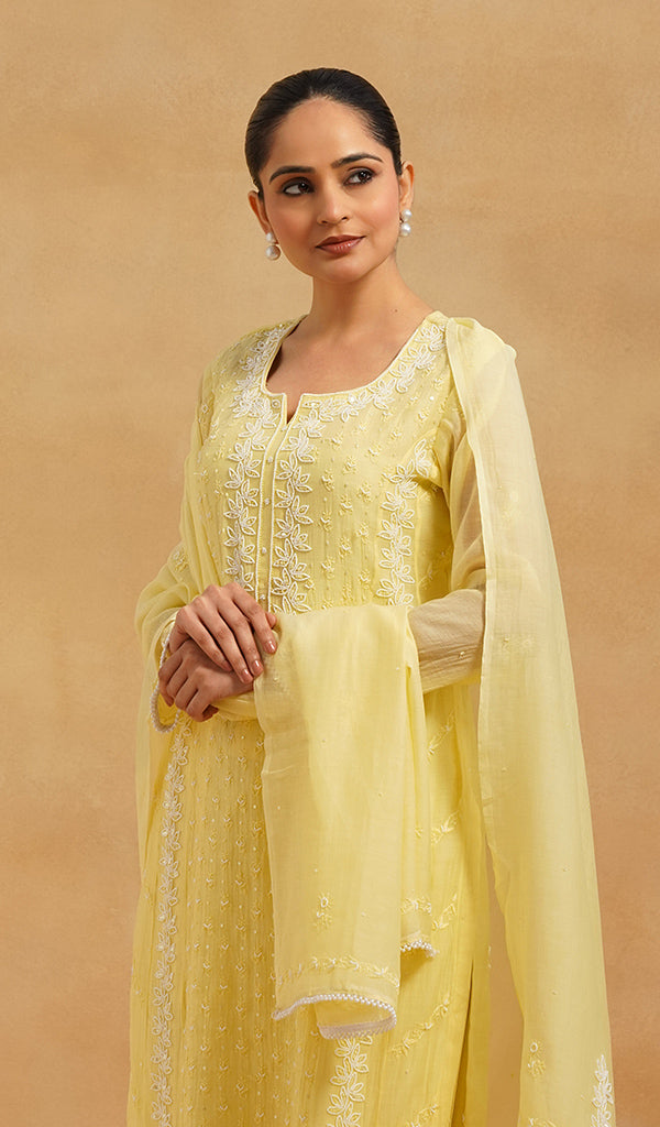 Saziya Women's Lakhnavi Handcrafted Mul Chanderi Chikankari Stitched Kurta, Dupatta And Pant Set - HONC0798462