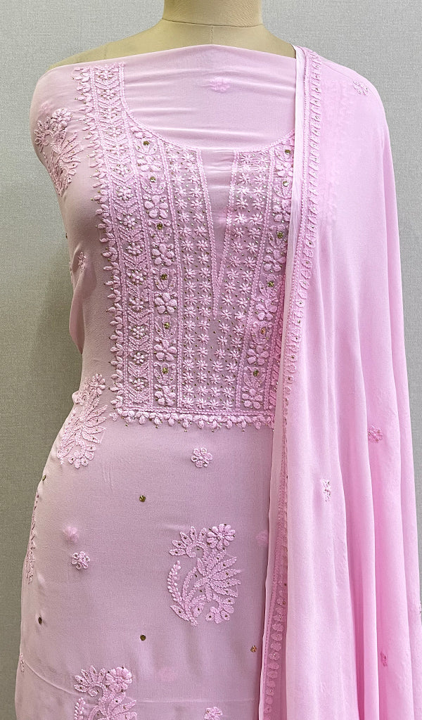 Women's Lakhnavi Handcrafted Viscose Georgette Chikankari Full Suit Material - HONC0155227