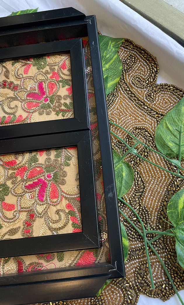Handcrafted Chikankari Tray with Two Coasters – Wooden Frame - HONC0295560