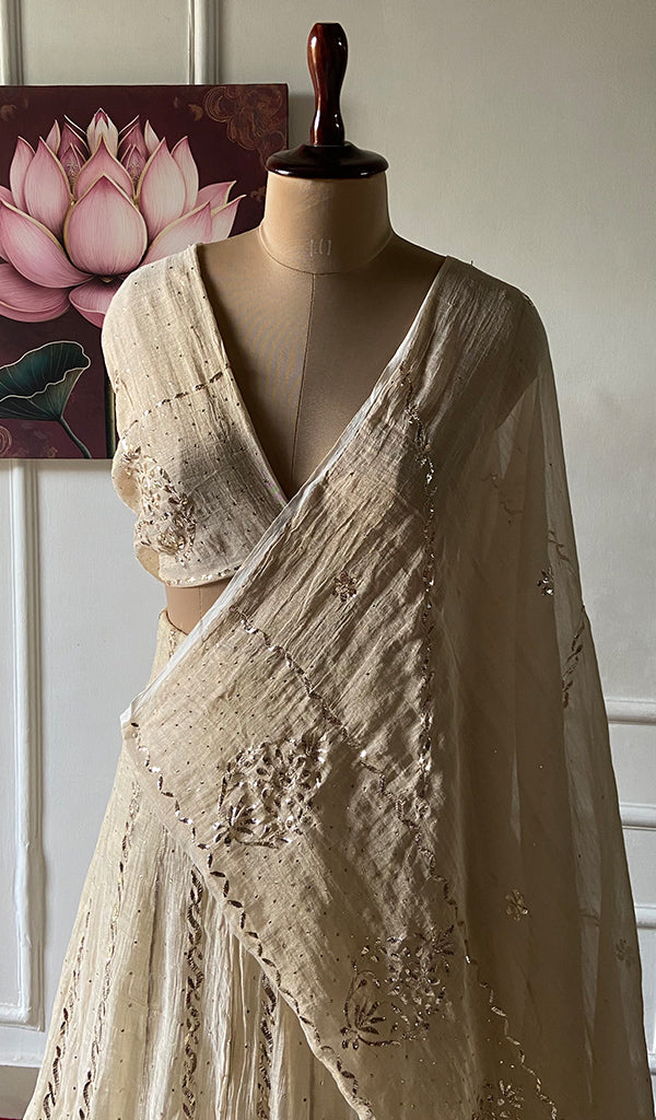 Women's Lakhnavi Handcrafted Bridal Tissue Chanderi Chikankari Lehenga Set - HONC0353217