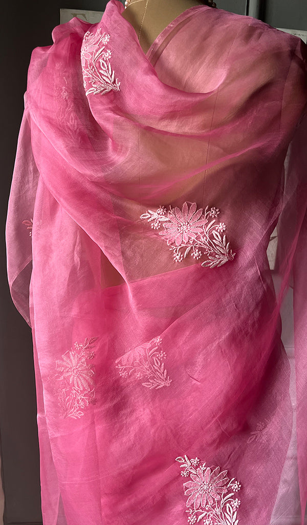Women's Lucknowi Handcrafted Pure Organza Silk Chikankari Saree - HONC0294650
