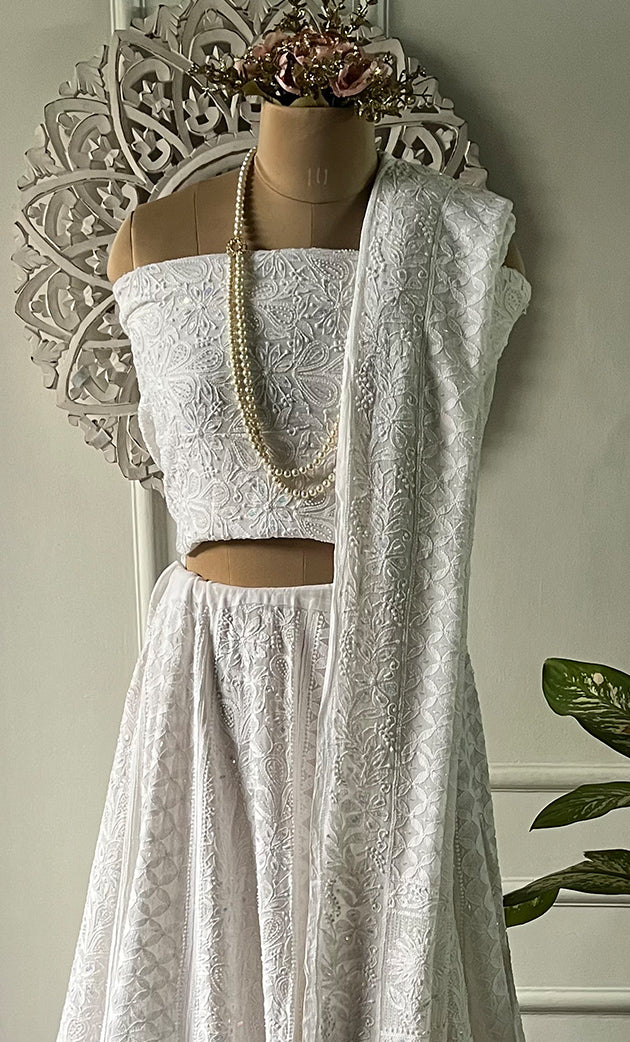 Women's Lakhnavi Handcrafted Bridal Viscose Georgette Chikankari Lehenga Set - HONC0242217