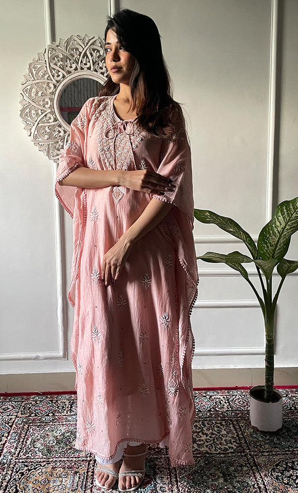 Medha Women's Lucknowi Handcrafted Mul chanderi Chikankari Kaftan - HONC0318262
