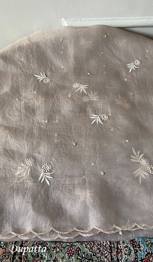 Women's Lakhnavi Handcrafted Pure Organza Chikankari Unstitched Kurta And Dupatta Set- HONC0329219