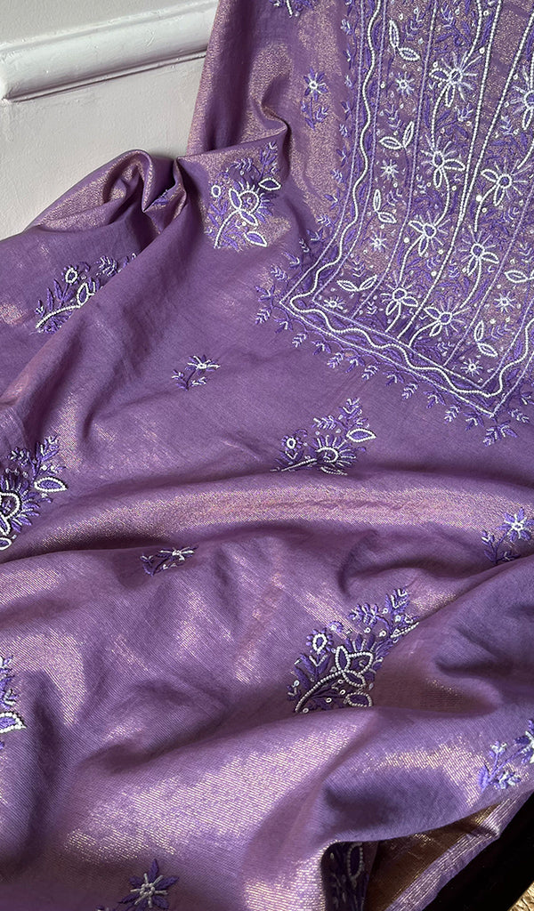 Women's Lakhnavi Handcrafted Tissue Chanderi Chikankari Suit Material - HONC0275989