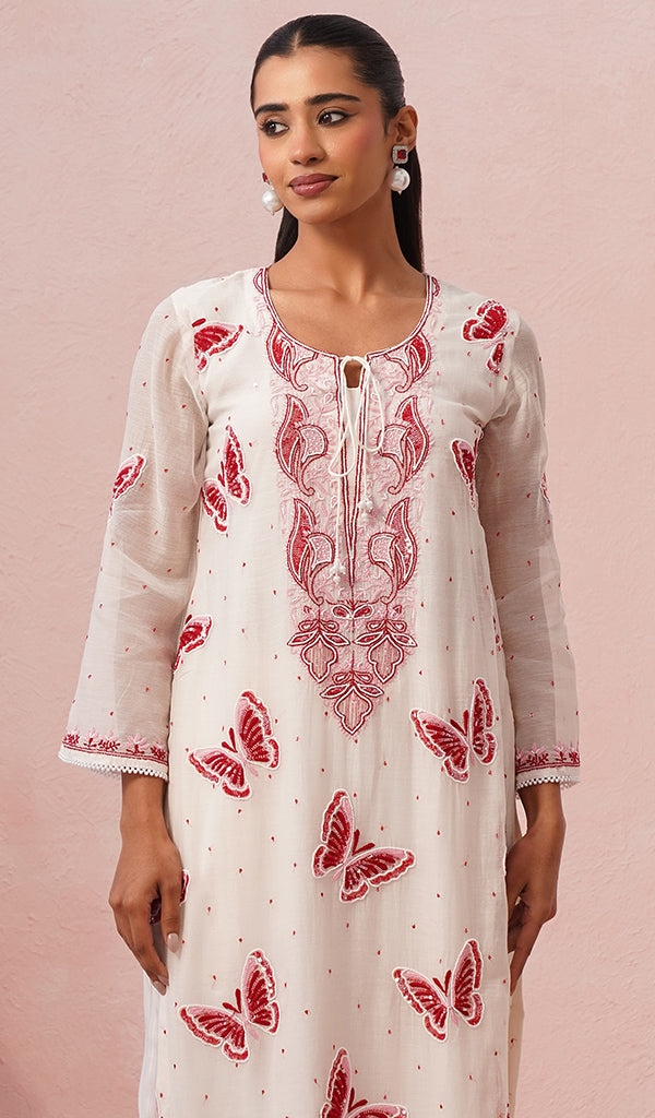 Titlee Women's Lakhnavi Handcrafted Mul Chanderi Chikankari Stitched Kurta, Dupatta And Pant Set - HONC0659745