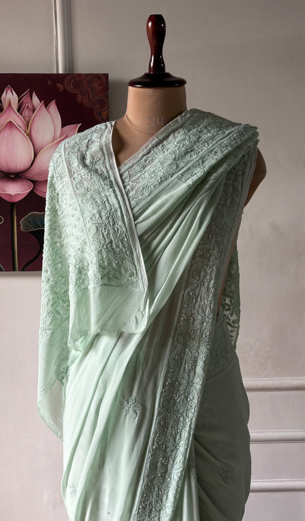 Women's Lakhnavi Handcrafted Viscose Georgette Chikankari Saree - HONC0337526