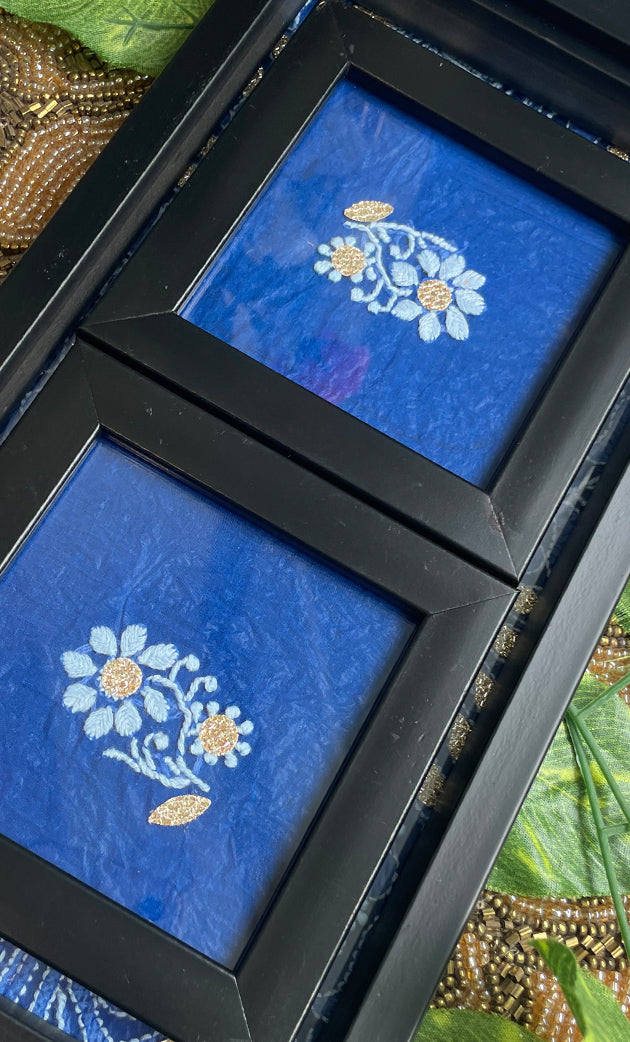 Handcrafted Chikankari Tray with Two Coasters – Wooden Frame - HONC0313523