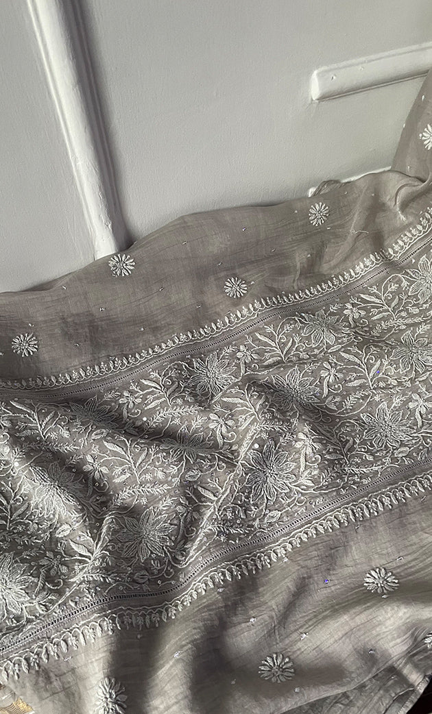 Women's Lakhnavi Handcrafted Mul Chanderi Semi - Stitched Kurta And Dupatta Set- HONC0282235