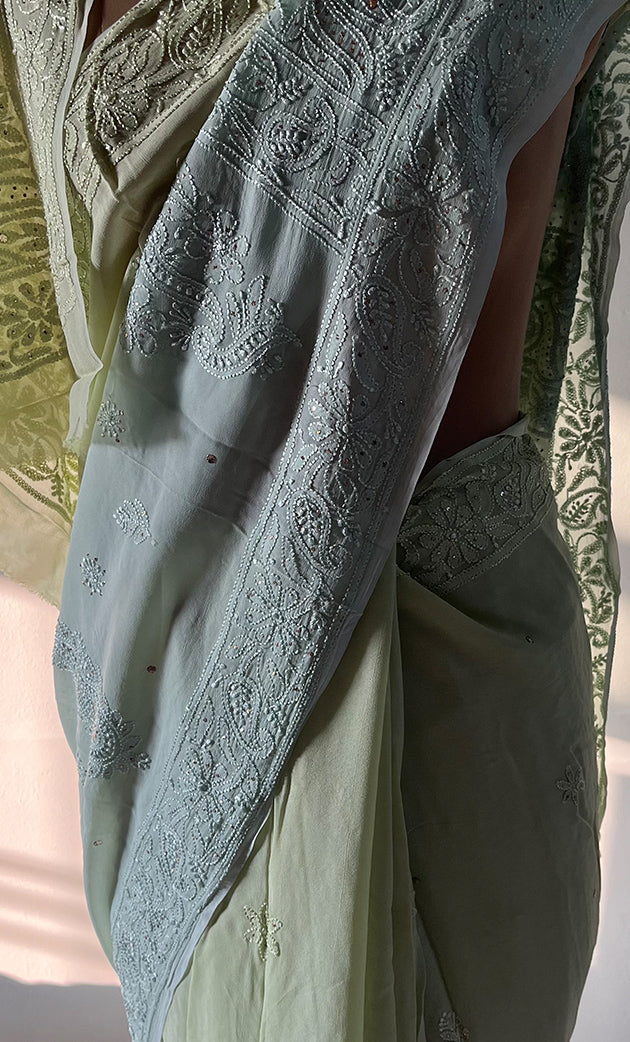 Women's Lakhnavi Handcrafted Viscose Georgette Chikankari Saree - HONC0271074