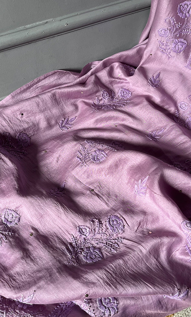 Women's Lucknowi Handcrafted Chanderi Silk Chikankari Full Suit Material - HONC0290031