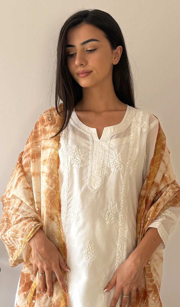 Women's Lakhnavi Handcrafted Mul Chanderi Chikankari Dupatta - HONC0349241