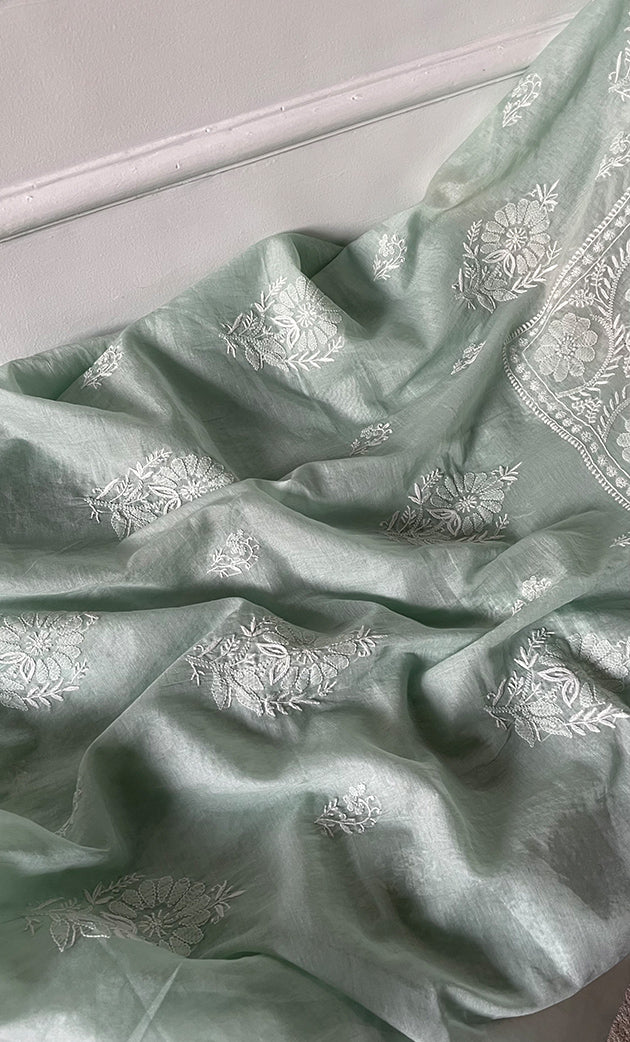 Women's Lakhnavi Handcrafted Mul Chanderi Unstitched Chikankari Full Suit Material - HONC0274498