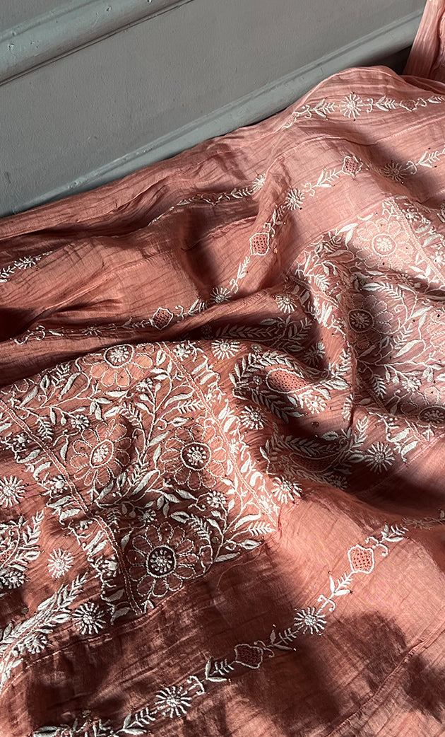 Women's Lakhnavi Handcrafted Mul Chanderi Semi - stitched Anarkali And Dupatta Set- HONC0284742
