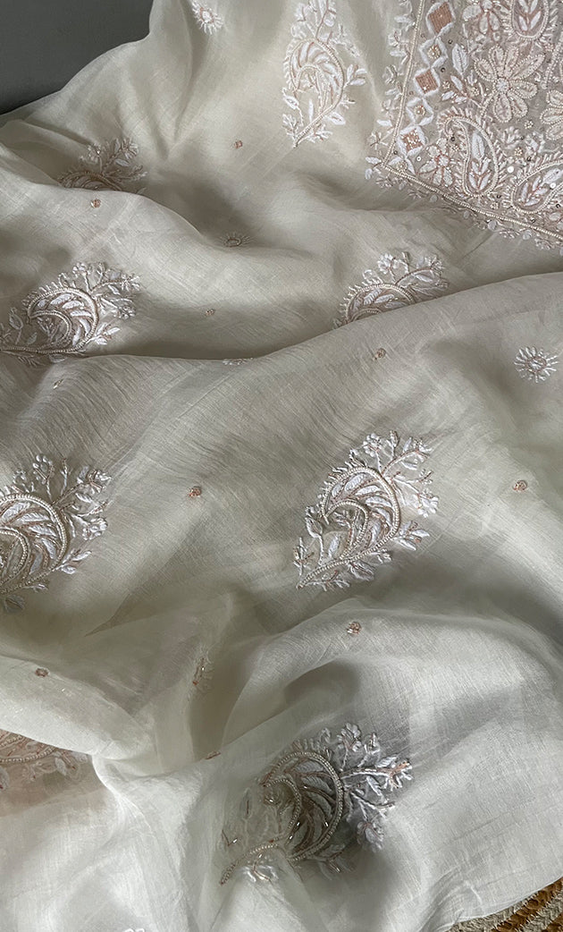 Women's Lakhnavi Handcrafted Mul Chanderi Unstitched Kurta And Dupatta Set- HONC0313318