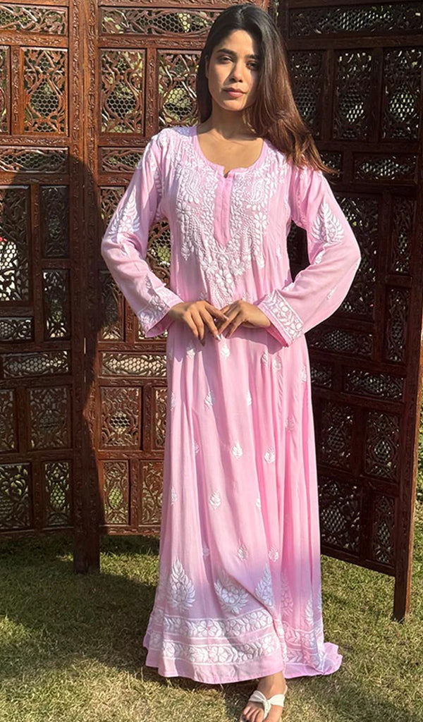 Women's Lucknowi Handcrafted Modal Cotton Chikankari Anarkali Dress - HONC0230992
