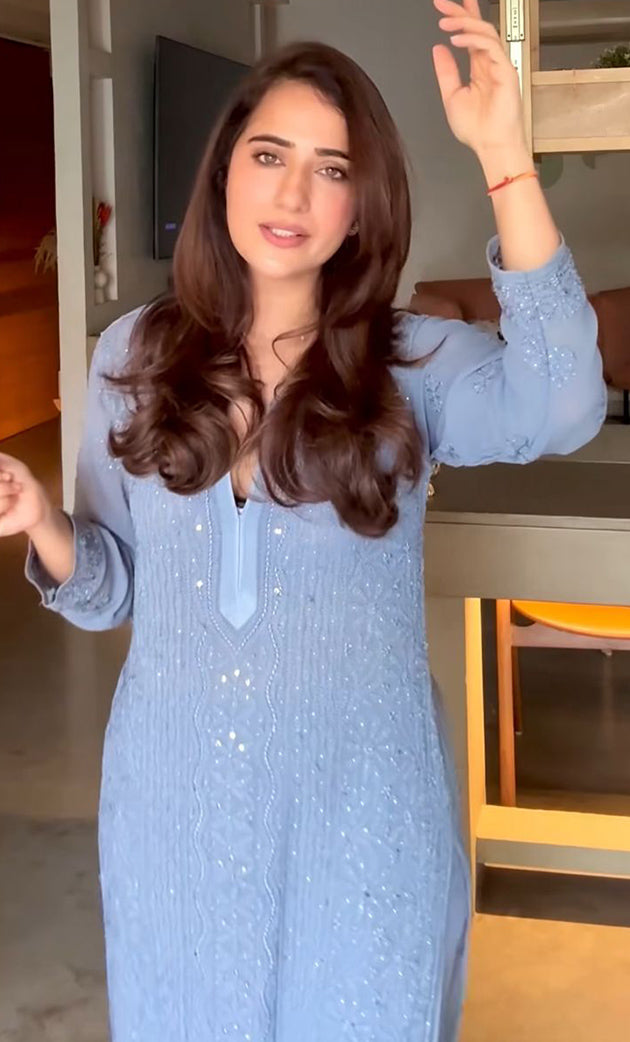 Women's Lakhnavi Handcrafted Viscose Georgette Chikankari Kurti- HONC0268917