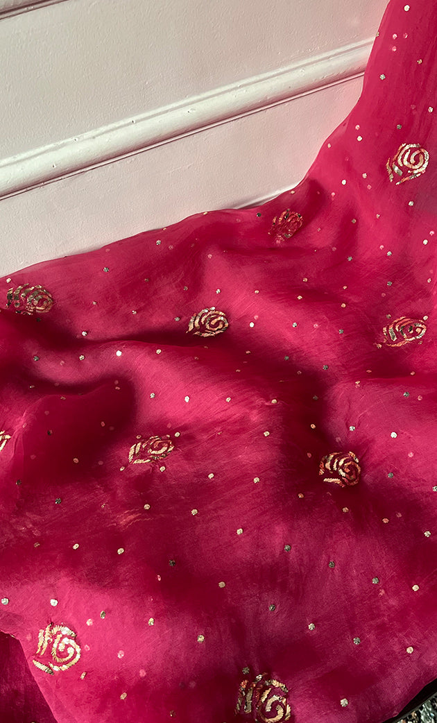 Women's Lakhnavi Handcrafted Pure Organza Chikankari Unstitched Kurta And Dupatta Set- HONC0334964