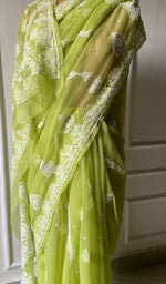 Load image into Gallery viewer, Women&#39;s Lakhnavi Handcrafted Faux-Georgette Chikankari Saree - HONC0223881
