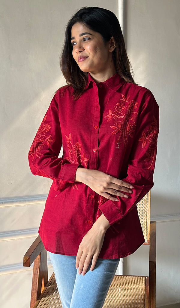 Women's Lucknowi Handcrafted Slub Cotton Chikankari Top - HONC0299113