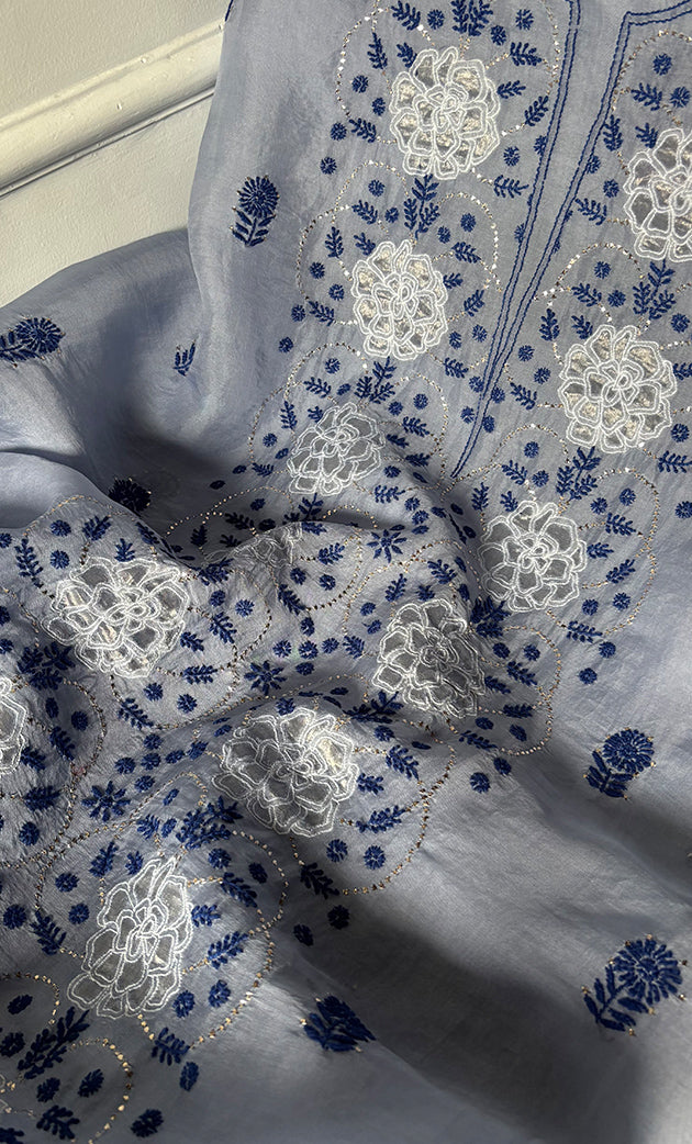 Women's Lakhnavi Handcrafted Pure Organza Chikankari Unstitched Kurta And Dupatta Set- HONC0320493