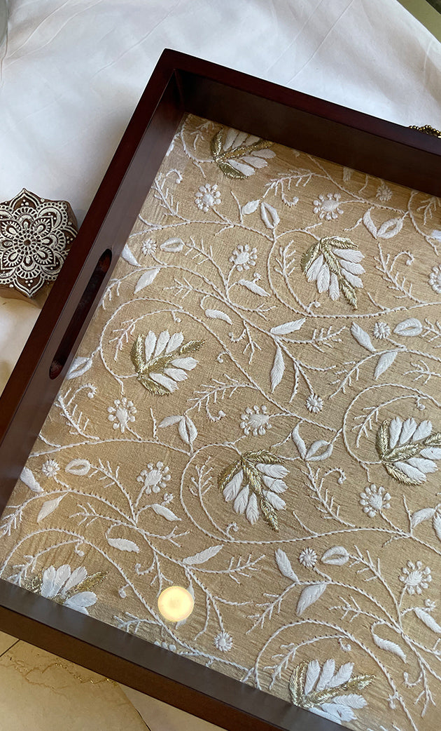Elegant Wooden Chikankari Tray – Handcrafted Lucknowi Embroidery - HONC0310867