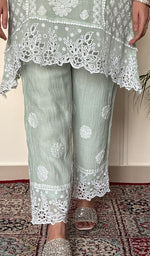 Women's Lucknowi Handcrafted Mul Chanderi Stitched Chikankari Short Kurta And Plazzo Set .