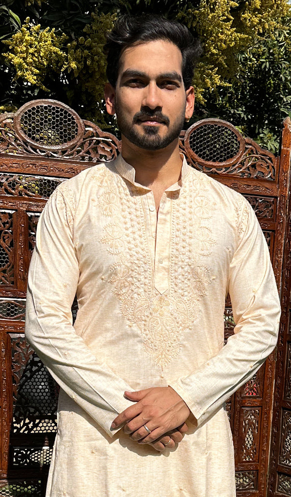 Men's Lucknowi Handcrafted Cotton Chikankari Kurta - HONC0329852